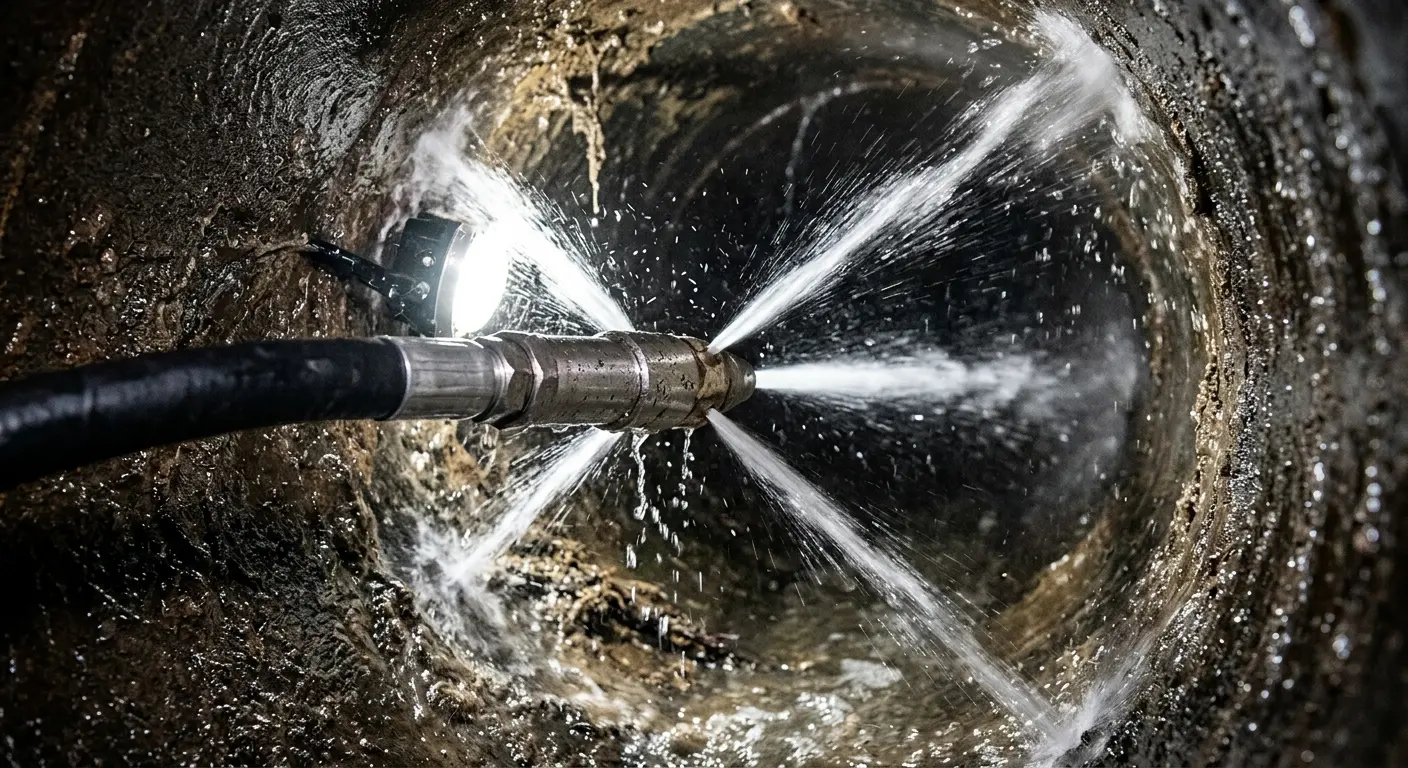 High-pressure hydro jetting nozzle cleaning sewer pipe for Trenchless Sewer Repair in Molalla