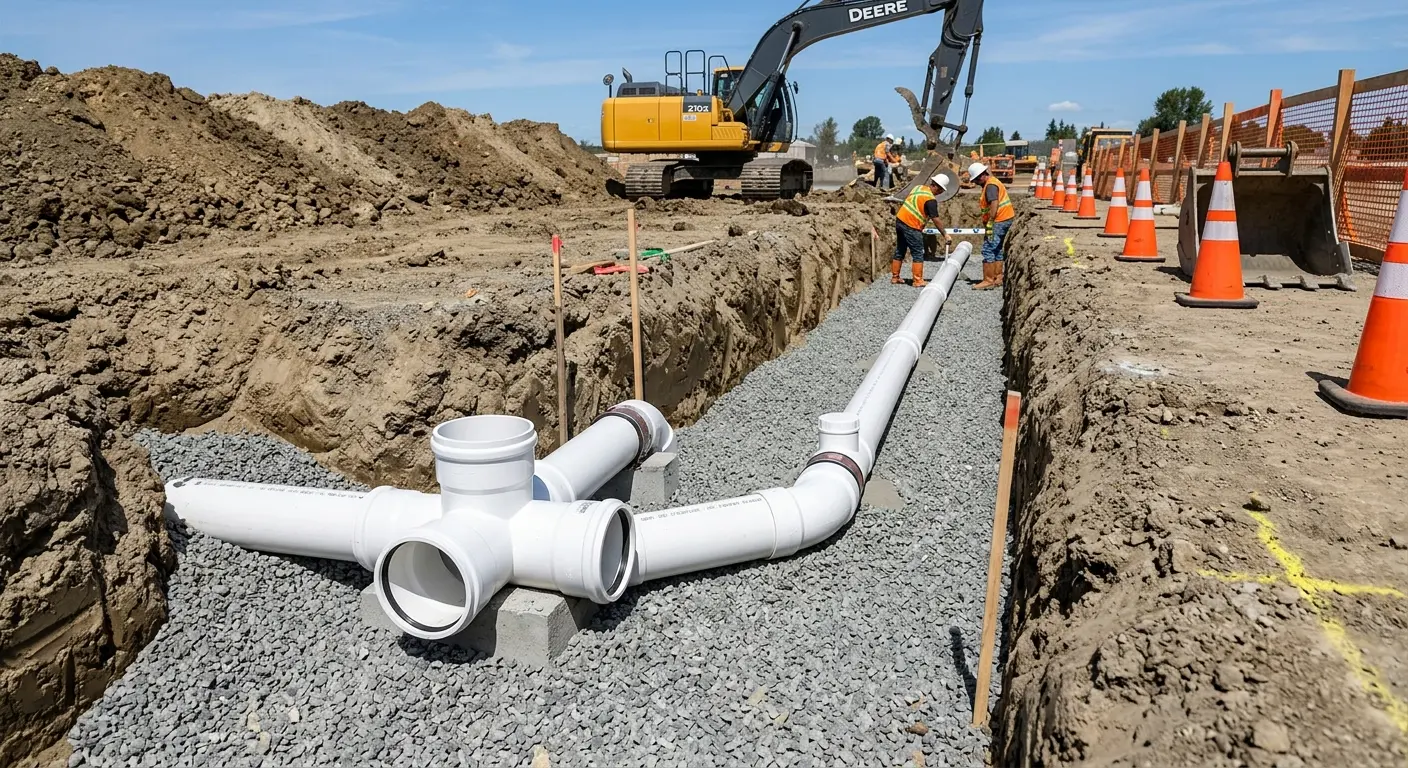 New PVC sewer pipe installation in open trench for Sewer Backup in Molalla