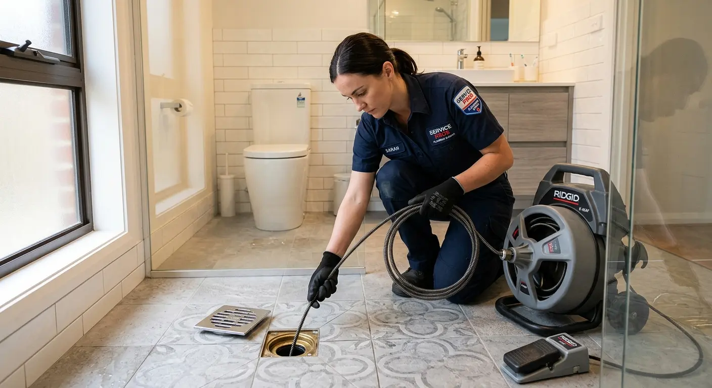Technician clearing a bathroom floor drain for Hydro Jetting in Molalla